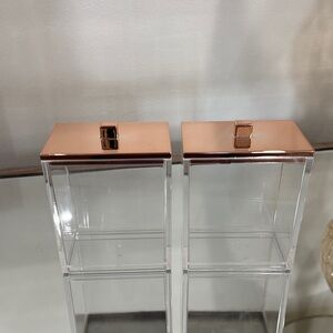 Set of 2 Rose Gold Metallic Acrylic Containers Tops Q-Tips Cotton Balls Etc